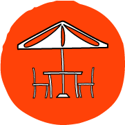 Outdoor patio dining with umbrellas